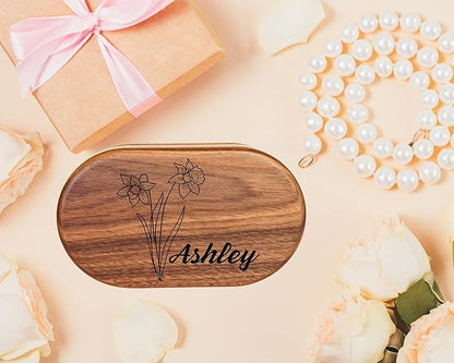 Birthday Gifts for Women - Personalized Wooden Jewelry Box - Wooden Jewelry Box Handmade, Walnut Jewelry Organizer - Custom Engraved Box - Unique Gifts - Engraved Birthflower