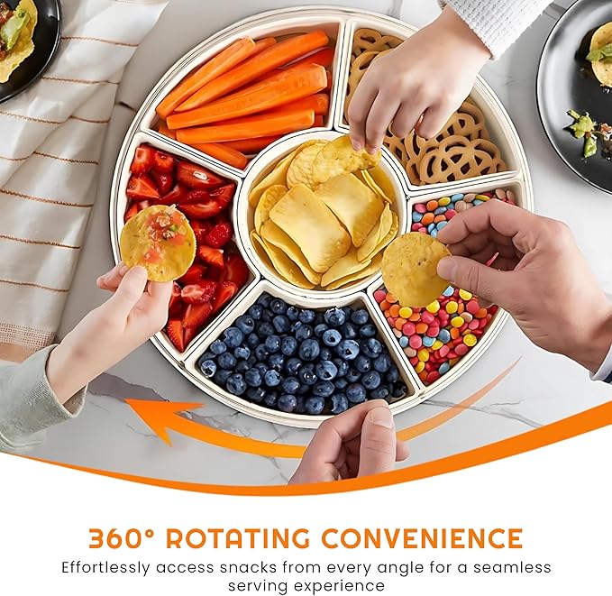 Rotating Snack Box Container - Medium Divided Serving Tray with Lid - Snack Spinner for Kids -Pie Carrier,Mess-Free Snack Container - Veggie Tray with Lid for Fridge - Spinning Snack Container