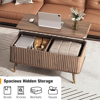 SULIVES Lift Top Coffee Table with Storage,Fluted Coffee Table with Lifting Top,Mid Century Modern Center Table with Solid Wood Legs,Small Coffee Tables for Living Room,Walnut