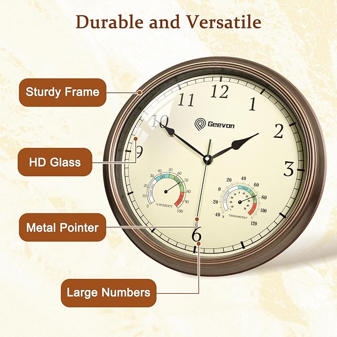 Geevon 16" Vintage Wall Clock Non Ticking with Hygrometer and Thermometer Combo,Battery Operated Quartz Decorative Wall Clocks for Home,Living Room,Office,Classroom,Kitchen,Bedroom Decor