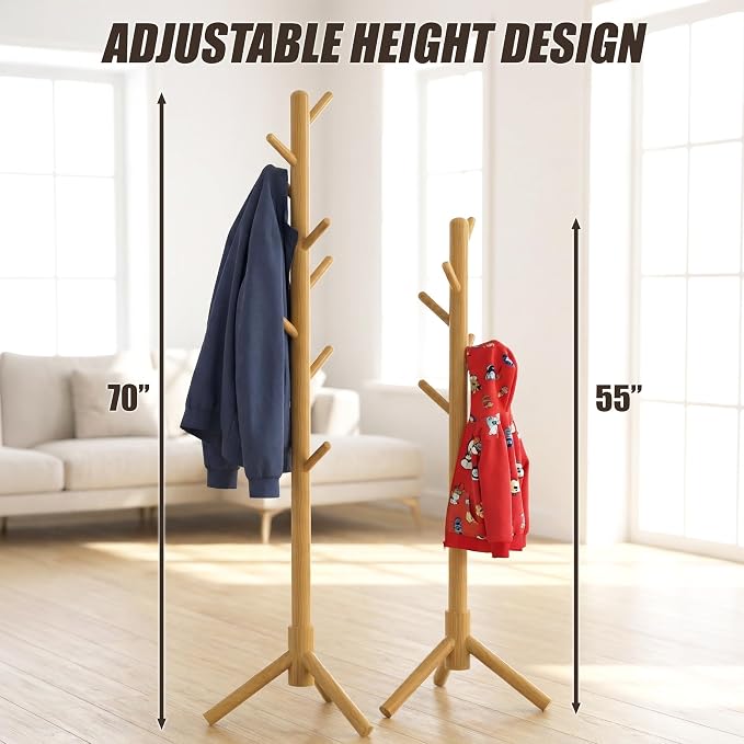 Simple Houseware Wooden Coat Rack Stand Garment Adjustable Tree Rack, 9 Hooks, Oak