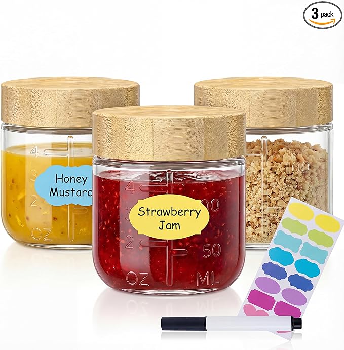 HomArtist 4oz Glass Salad Dressing Containers with Bamboo Lids - 3 Pack Small Airtight Condiment Cups, Leakproof Mini Sauce Jars for Picnic, Ketchup, Dip & Snacks, BPA-Free & Dishwasher Safe