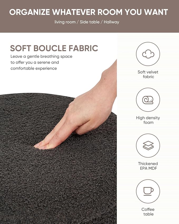 B FSOBEIIALEO Ottoman with Stroage, Round Boucle Storage Ottoman with Gold Plating Base,Foot Rest Stool for Dorm Room, Living Room Dark Grey, 16.73"x16.73"x17.72"