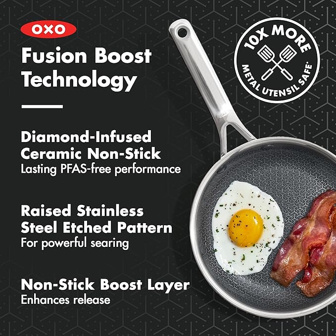 OXO Hybrid 8” Nonstick Stainless Steel Frying Pan, Durable PFAS-Free Ceramic Skillet, Stay-Cool Handle, Induction & All Cooktop Compatible, Dishwasher Safe, Mirror Polished Tri-Ply