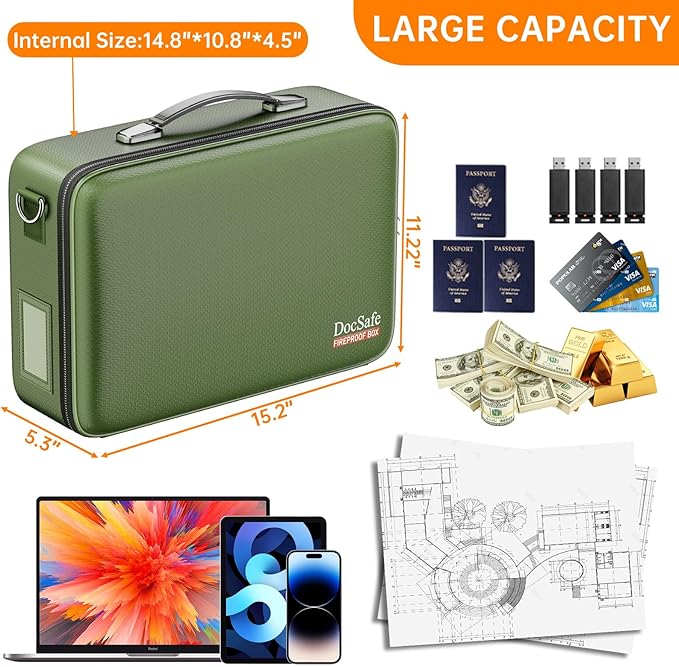 DocSafe Fireproof Document Box with Lock, Hard Case File Organizer with Accordion File Folder, Fireproof Water Resistant Safe Box Home Office Travel Storage for Important Documents Laptop Green