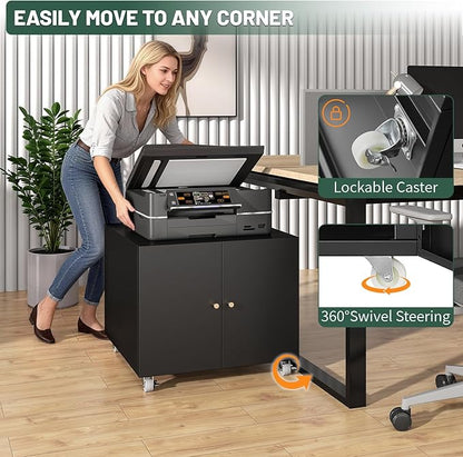 TEEALUBAN Printer Stand with Storage Cabinet with Wheels,3D Heavy Duty Metal Large Printer Table with Adjustable Shelf for Home Office, Mobile Printer Cart,Black,17.72" H