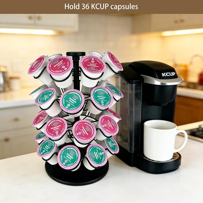 360° Rotating Coffee Pod Holder, Metal Capsule Storage Organizer for K-Cup, Nespresso Vertuo, Dolce Gusto, 36 Pod Capacity Countertop Space-Saving Carousel Stand