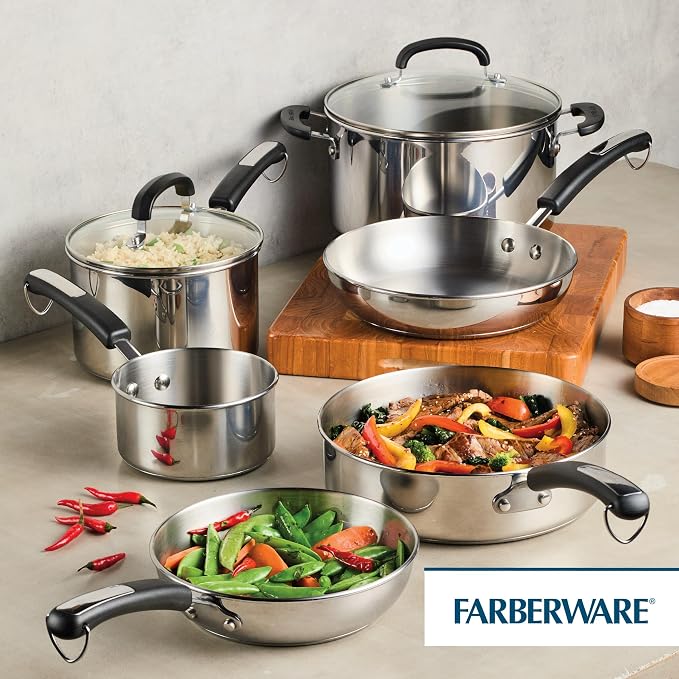 Farberware Brilliance Stainless Steel Cookware Set, 10 Piece Pots and Pans Set