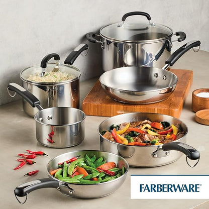 Farberware Brilliance Stainless Steel Cookware Set, 10 Piece Pots and Pans Set