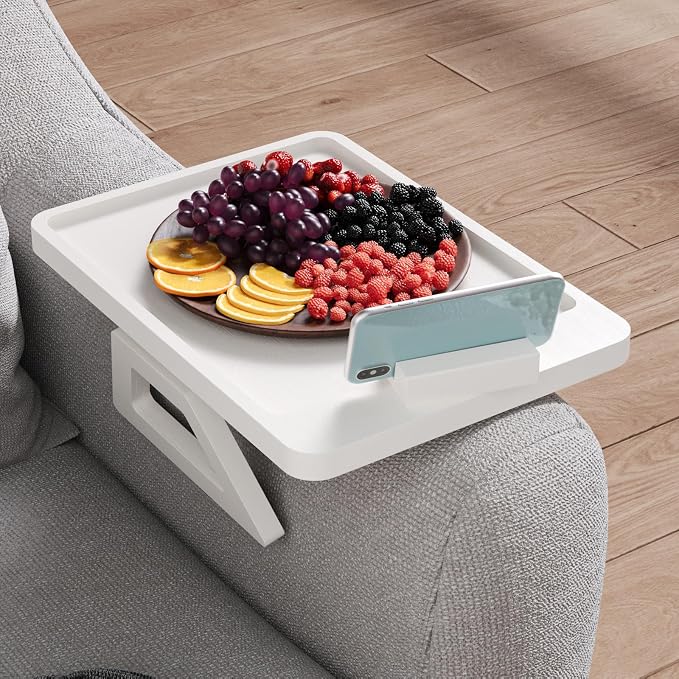 Couch Arm Tray with 360°Phone,Bamboo Folding Sofa Tray,Sofa Armrest Trays Clip-On Couch Desk for Drinks,Snacks,Phone,Remote Control（White）