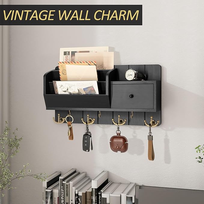 Rebee Vision Key Holder Wall Mount with Mail Sorter - Decorative Mail Organizer for Wall with Key Hooks and Drawer Organizer - Modern Home Essentials for Room Decor (Black)