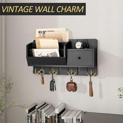 Rebee Vision Key Holder Wall Mount with Mail Sorter - Decorative Mail Organizer for Wall with Key Hooks and Drawer Organizer - Modern Home Essentials for Room Decor (Black)