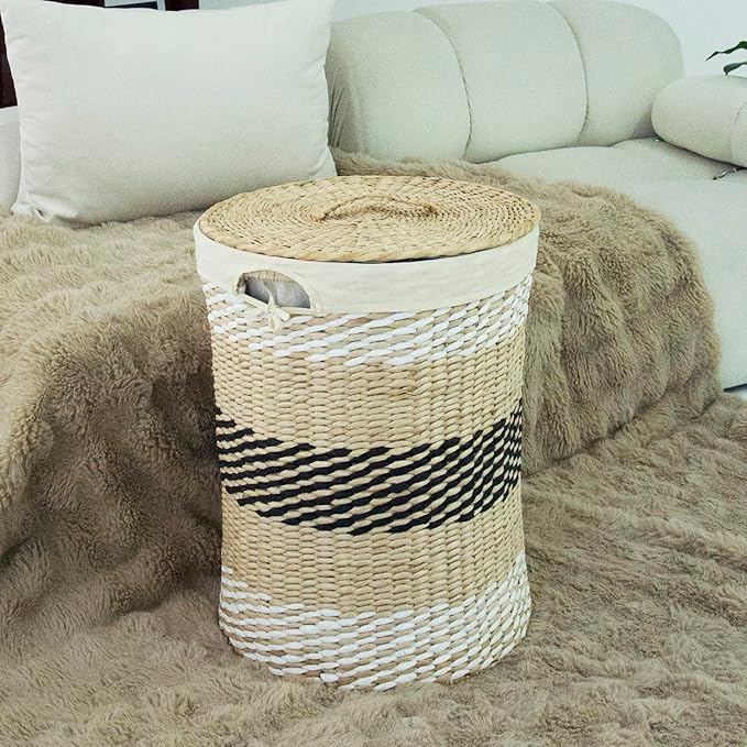 Hand Woven Laundry Basket with Lid,21-Inch Laundry Hamper with Removable Liner for Laundry and Elegant Storage,Multicolor