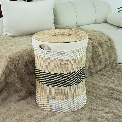 Hand Woven Laundry Basket with Lid,21-Inch Laundry Hamper with Removable Liner for Laundry and Elegant Storage,Multicolor