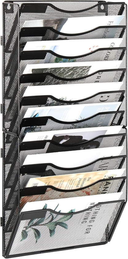 EasyPAG Wall File Organizer for Office 10 Pocket Mesh Wall Mounted Paper Organizer Hanging Folder Holder with Nametag Label for Home School, Black