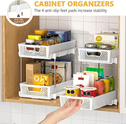 2 Pack Pull Out Bathroom Organizers and Storage, 2 Tier Stackable Under Sink Storage Organizer for Bathroom, Kitchen Cabinet, Pantry, and Medicine Holder, Organization and Storage - White