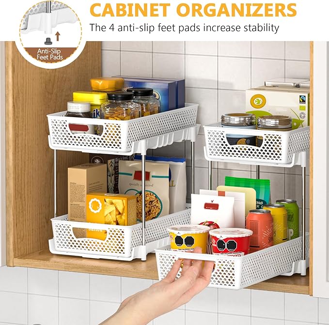4 Pack Pull Out Bathroom Organizers and Storage, 2 Tier Stackable Under Sink Storage Organizer for Bathroom, Kitchen Cabinet, Pantry, and Medicine Holder, Organization and Storage - White