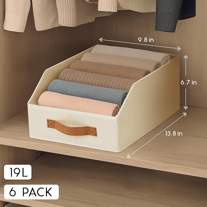 Homsorout Fabric Storage Bins for Organizing - 6 Pack Large Trapezoid Collapsible Storage Bins with Front Handle, Closet Organizers and Storage for Bedroom, Home Shelves, Small Spaces, Beige