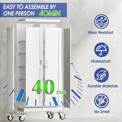61" Tall Metal Garage Storage Cabinet with Wheels and Locking Doors and Tall Rolling Steel Tool Cabinet with 3 Adjustable Shelves for Garage,Home,Office,Shop (White)