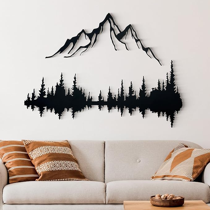 Wita Home Mountain and Forest Metal Wall Art, Wall Mounted Home Decor, Pine Trees and Nature Wall Art for Living Room, Bedroom or Office, Large Outdoor Wall Decor, Nature Christmas Decor (Black Mountain-Black Forest, 48x32 inches)