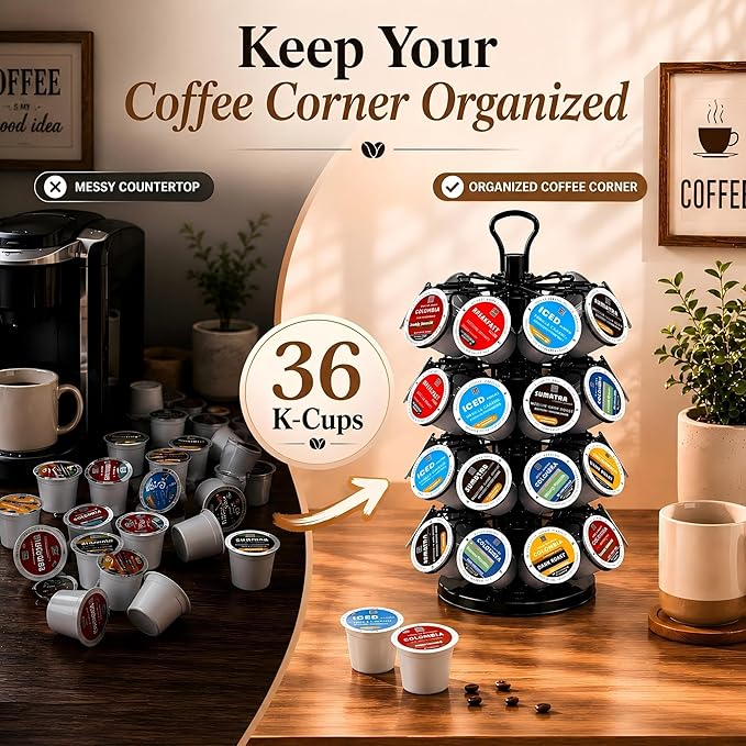 K Cup Holder-Coffee Pod Holder Organizer for 36 K-Cup Pods, 4-Tier Coffee Pod Carousel Compatible with K-Cups, 360° Rotating with Stable Base, Space-Saving for Kitchen Countertop & Office, Black