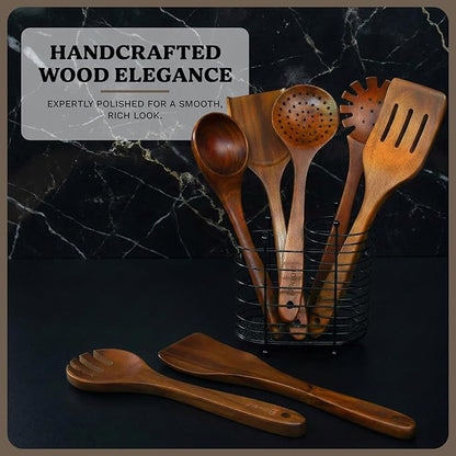 Wooden Spoons for Cooking – 7-Piece Acacia Wood Kitchen Utensil Set, Wooden Spurtles & Paddle Tools, Nonstick Safe Cooking Utensils Set Wood for Everyday Kitchen Use