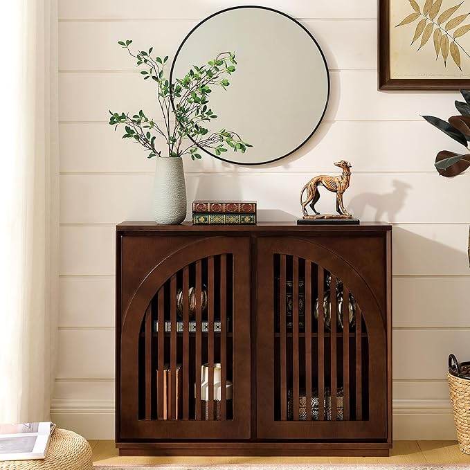 LKTART Sideboard Buffet Cabinet with Storage, Mid Century Modern Credenza with Arch Doors & Shelves, Wood Coffee Bar Media Console Table for Kitchen, Living Room, Entryway-Dark Walnut