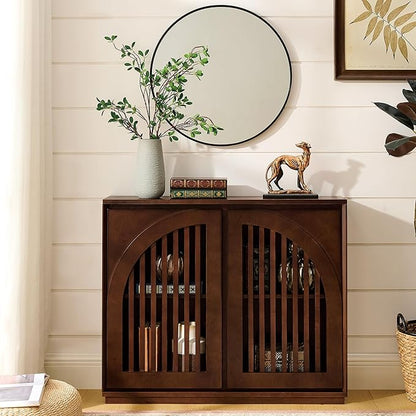 LKTART Sideboard Buffet Cabinet with Storage, Mid Century Modern Credenza with Arch Doors & Shelves, Wood Coffee Bar Media Console Table for Kitchen, Living Room, Entryway-Dark Walnut