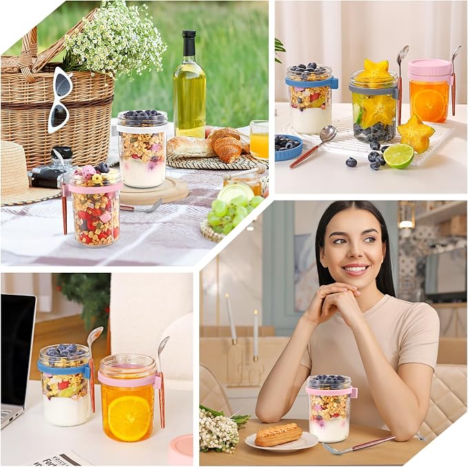 Overnight Oats Jars 16 oz with Lids & Spoons – 6 Pack Glass Mason Jars Airtight Meal Prep Containers for Yogurt, Cereal, Fruit – Leakproof, Stackable, Dishwasher Safe
