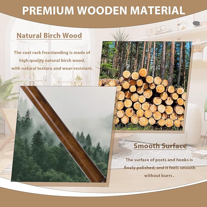Solid Wooden Coat Rack Stand, Coat Racks Freestanding with 11 Hooks, Natural Birch Wood Coat stands with Sturdy Round Base, Tree Coat Hanger Standing for Entryway Bedroom Office (Tree Design1)