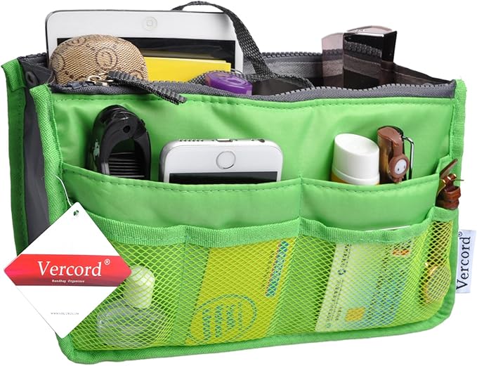 Vercord Purse Organizer Insert for Handbags Bag Organizers Inside Tote Pocketbook Women Nurse Nylon 13 Pockets Green Large