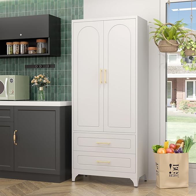 75" Kitchen Pantry Cabinet,Metal Storage Cabinets with 2 Drawers,Pantry Cabinet with Doors and Shelves,White Tall Storage Cupboard for Living Room, Dining Room Office