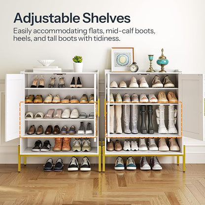 HOOBRO Shoe Cabinet, 5-Tier Shoe Storage Organizer with Doors, Wooden Shoe Cabinet Storage for Entryway, Freestanding Shoe Rack Cabinet with 3 Adjustable Shelves for Hallway, Gold and White DW41SC01