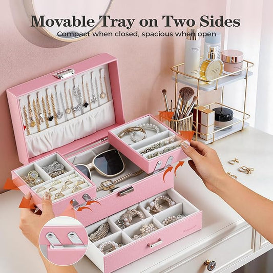 Dajasan Jewelry Organizer Box, Large Jewelry Boxes for Women Girls, Space-Saving 3 Layers Jewelry Storage Case with Drawer, Gift Idea, Movable Metal Stand, Modern (Pink)