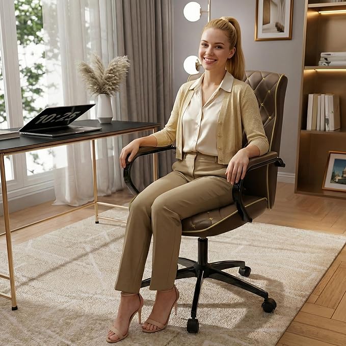 Brown Office Chair with Soft Leather Embroidery, Mid Back Vintage Swivel Executive Desk Chair with Wheels and Padded Arms, Adjustable Height