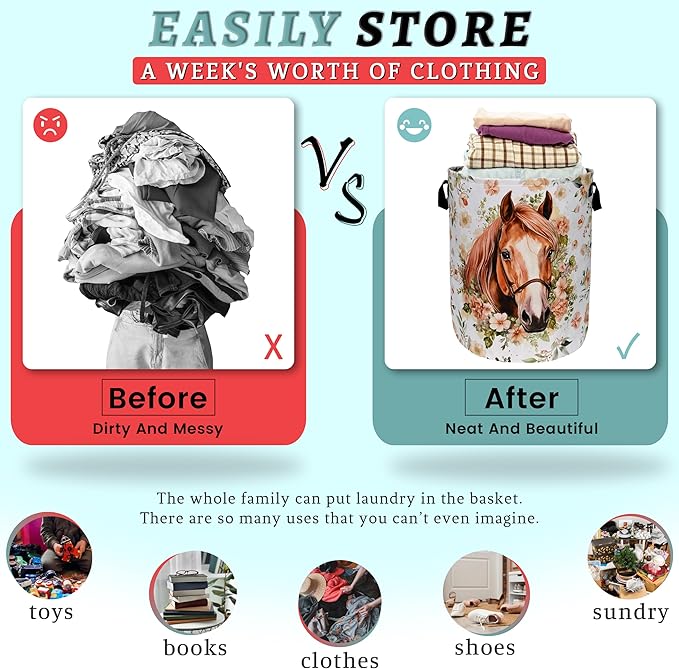 Watercolor Horse Laundry Basket Foldable With Handles Cute Animal Floral Tote Bag Oxford Cloth Colorful Laundry Hamper Clothes Toy Storage Bucket For Bathroom/Laundry/Bedroom 18.9" x 16.5 "