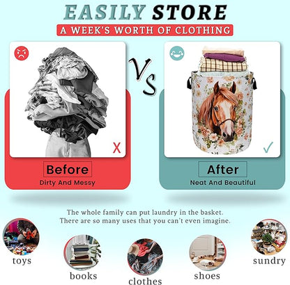 Watercolor Horse Laundry Basket Foldable With Handles Cute Animal Floral Tote Bag Oxford Cloth Colorful Laundry Hamper Clothes Toy Storage Bucket For Bathroom/Laundry/Bedroom 18.9" x 16.5 "