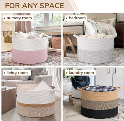 INDRESSME 115L Extra Large Cotton Rope Basket, Woven Baby laundry Blanket Basket for Home Decor Living Room Nursery, Toy Storage Baskets for Kids Boys Girls, White & Camel Mix