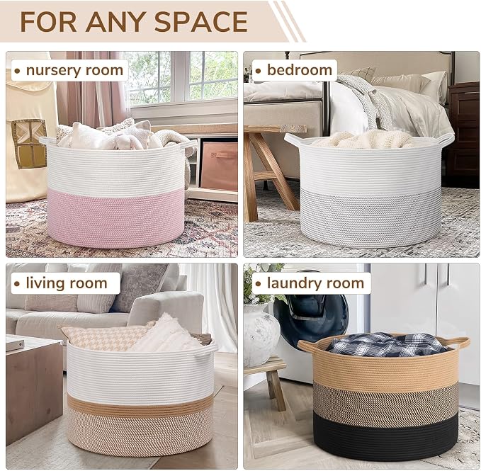 INDRESSME 115L Extra Large Blanket Basket for Apartment Décor, Woven Baby Laundry Hamper Shoe Basekts for Entryway, Wicker Storage Basket for Organizing, Camel Mix & Black