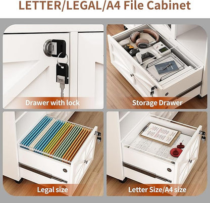 Semoic 2 Drawer Farmhouse File Cabinet with Lock, Mobile Lateral Filing Cabinet for Letter/Legal/A4 Size, Open Storage Adjustable Shelf for Home Office Cabinets,White