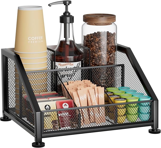 SWTYMIKI Coffee Bar Organizer for Countertop – Space-Saving Kcup Organizer with Tiered Shelves, Coffee Station for Pods, Sugar, Syrup, Cups, Stirrers, Condiment Organizer Storage