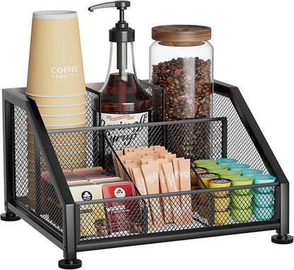 SWTYMIKI Coffee Bar Organizer for Countertop – Space-Saving Kcup Organizer with Tiered Shelves, Coffee Station for Pods, Sugar, Syrup, Cups, Stirrers, Condiment Organizer Storage