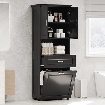 70" Tall Bathroom Storage Cabinet with Two Doors and Drawer, Open Space and Laundry Hampers for Home Display Organizer, Removable Laundry Basket, Adjustable Shelf, Black