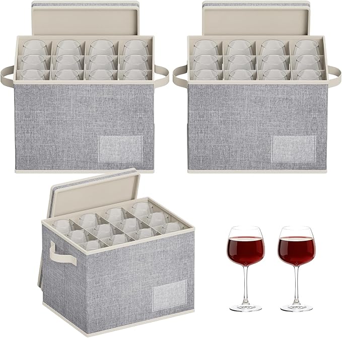 Lifewit 3 Pcs Wine Glass Storage Box with Dividers, Stackable Cationic Hard Shell Stemware Organizer with 36 Cells, Foldable Dustproof China Containers for Moving, Light Grey