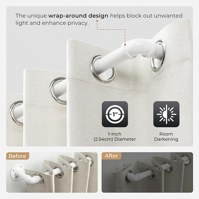 Zeerobee Curtain Rods for Windows 32 to 72, 1 Inch Industrial Wrap Around White Curtain Rod, Indoor/Outdoor Room Divider Adjustable Drapery Pole, 32"-72"