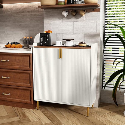 ARTPOWER Wine Bar Cabinet with Fluted Texture, Modern Coffee Cabinet with Wine Rack&Glass Holder, White Kitchen Buffet Sideboard, Freestanding Liquor Cabinet for Dining Room Living Room