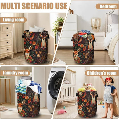 Retro Deer Owl Fox Laundry Basket, Foldable Wild Animals Floral Laundry Hamper Tote Bag Dirty Clothes Storage Bucket Toy Organizer for Bathroom/Laundry/Bedroom 15.7"x19.6"