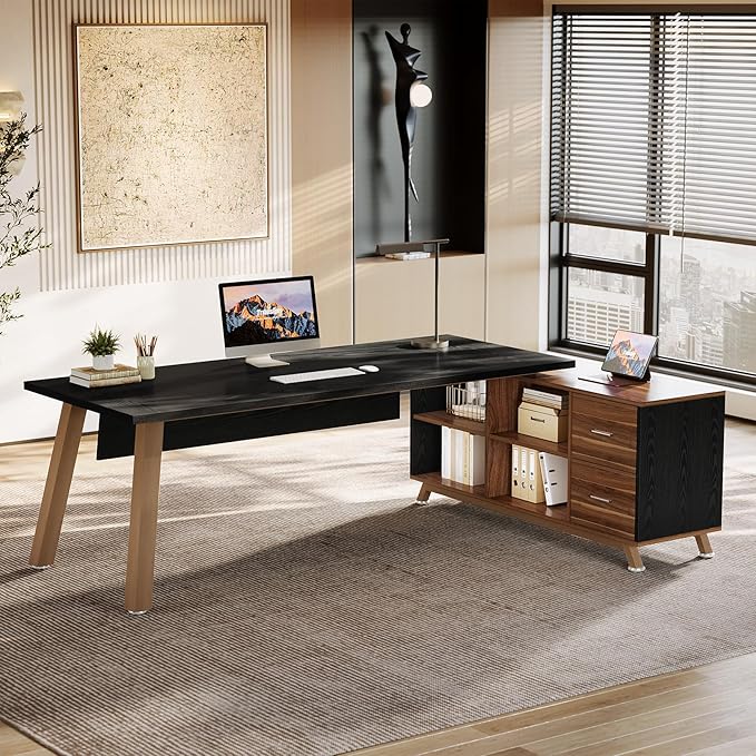 Tribesigns 78.7" L-Shaped Executive Desk, Modern Office Desk with File Drawers & Storage Shelves, Large Computer Desk with 55-Inch Cabinet, Business Workstation for Home Office, Black & Walnut