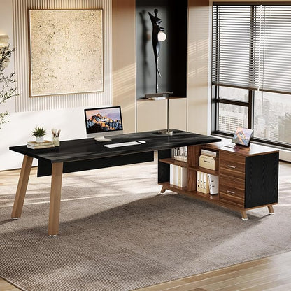 Tribesigns 78.7" L-Shaped Executive Desk, Modern Office Desk with File Drawers & Storage Shelves, Large Computer Desk with 55-Inch Cabinet, Business Workstation for Home Office, Black & Walnut