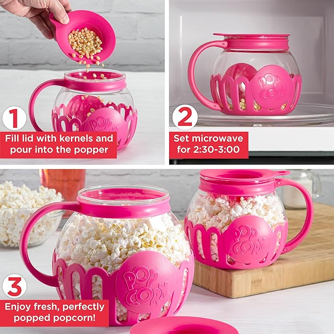 Ecolution Patented Micro-Pop Microwave Popcorn Popper with Temperature Safe Glass, 3-in-1 Lid Measures Kernels and Melts Butter, Made Without BPA, Dishwasher Safe, 1.5-Quart, Pink (Pack of 4)